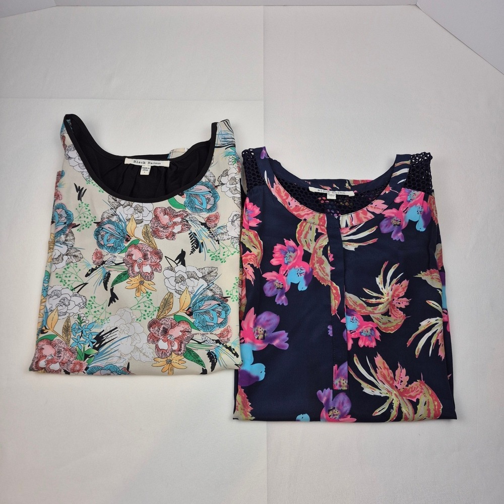 Black Rainn Women's L Floral Blouse Lot of 2 Boho Tops Short Sleeve Mesh Casual - Picture 2 of 16